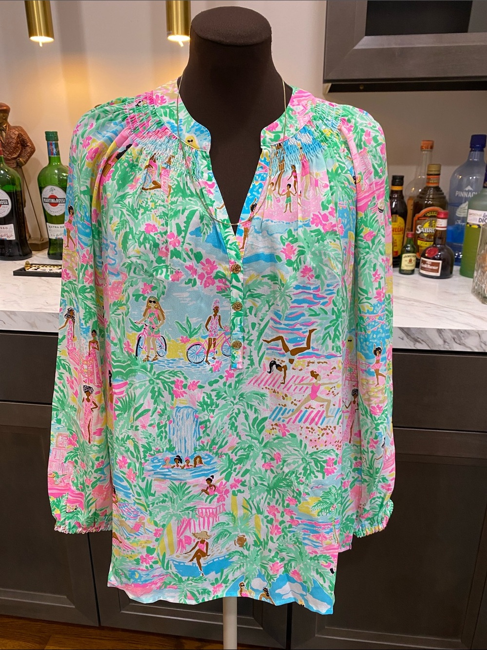 Lilly Pulitzer silk elsa shirt top blouse tunic Tropical Print LongSleeve Blouse